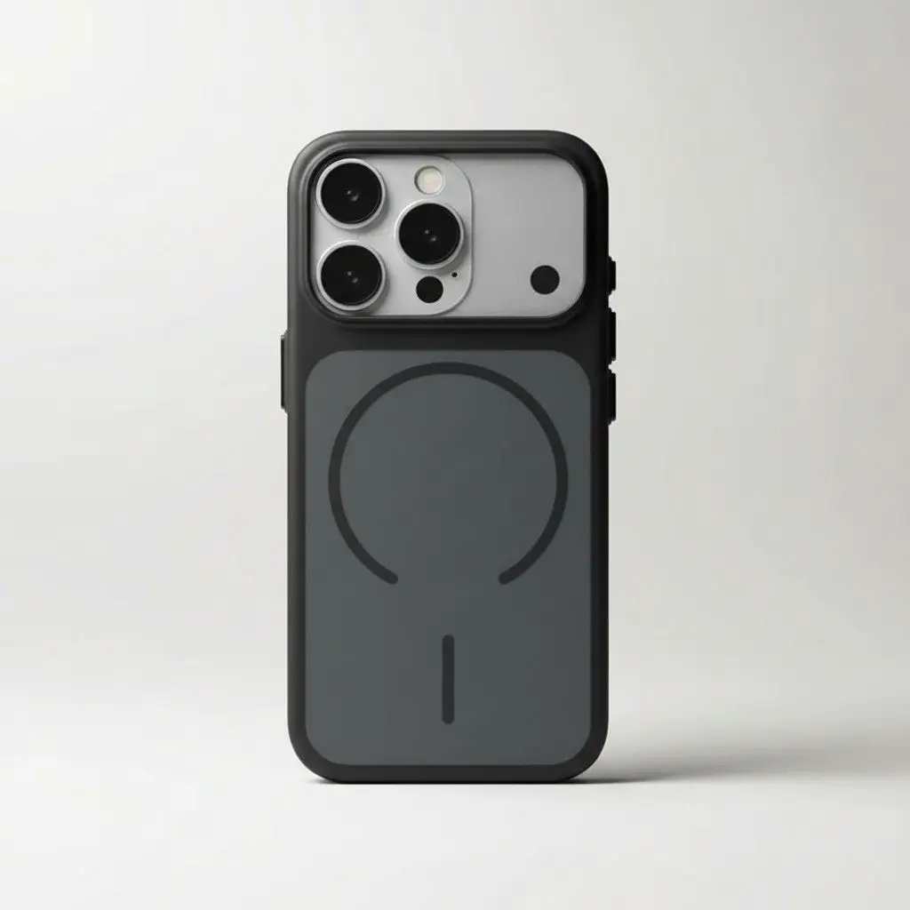 Apple iPhone - Ultra Thin Metallic MagSafe Case in dark grey with a matte finish, raised black bumper and visible magnetic ring