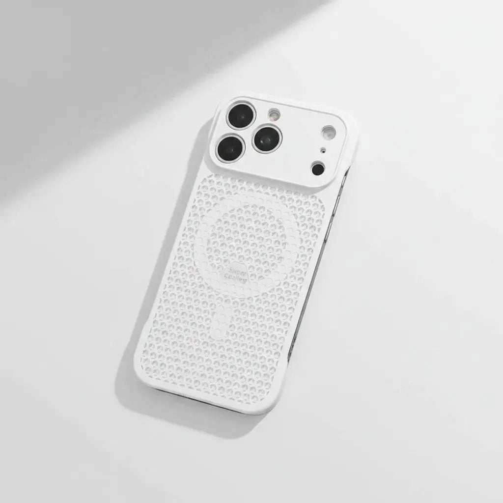 Apple iPhone cooling case in white with a textured honeycomb back and raised camera protection