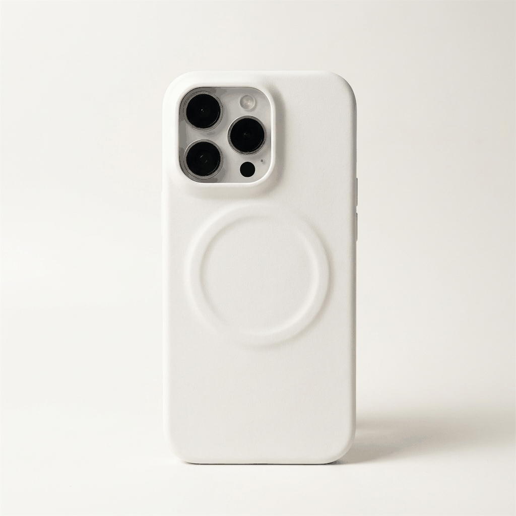 Apple iPhone case in smooth white leather with a raised circular MagSafe ring and protective camera surround