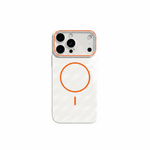 Apple iPhone case in white with a soft matte finish, orange MagSafe ring and camera surround, and slim protective shell