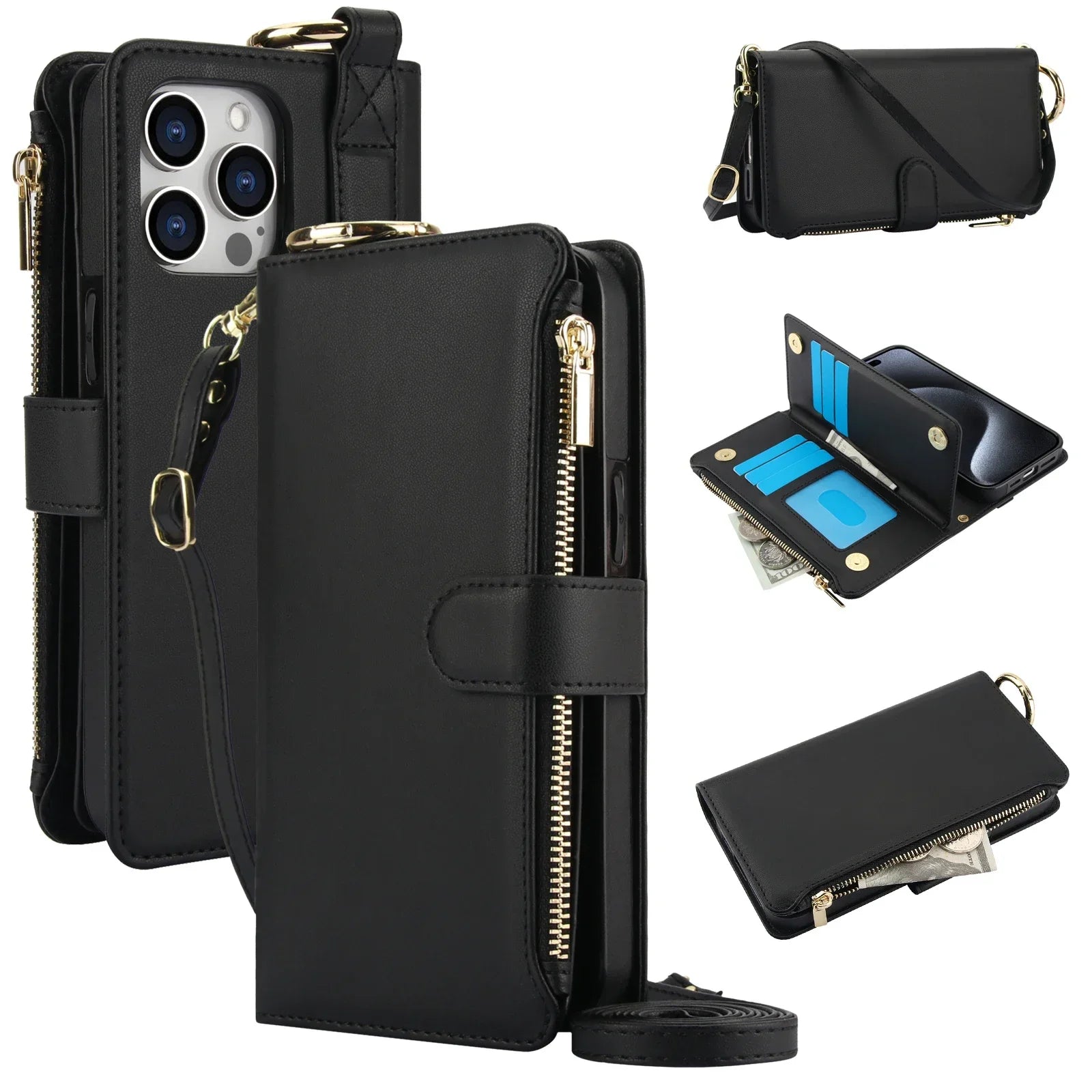 Apple iPhone - Zipper Leather Wallet Case with Card Slots