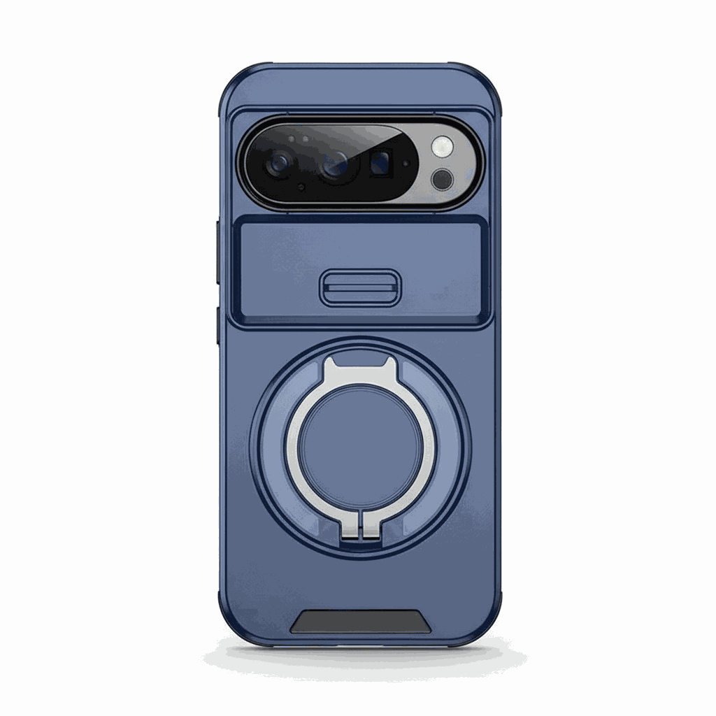 Google Pixel - Armor Case in blue with a rugged smooth shell, raised camera surround and built-in circular ring stand