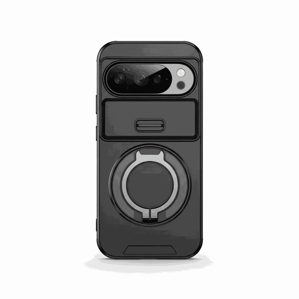 Google Pixel - Armor Case in dark charcoal with a rugged smooth shell, raised camera surround, and circular ring stand
