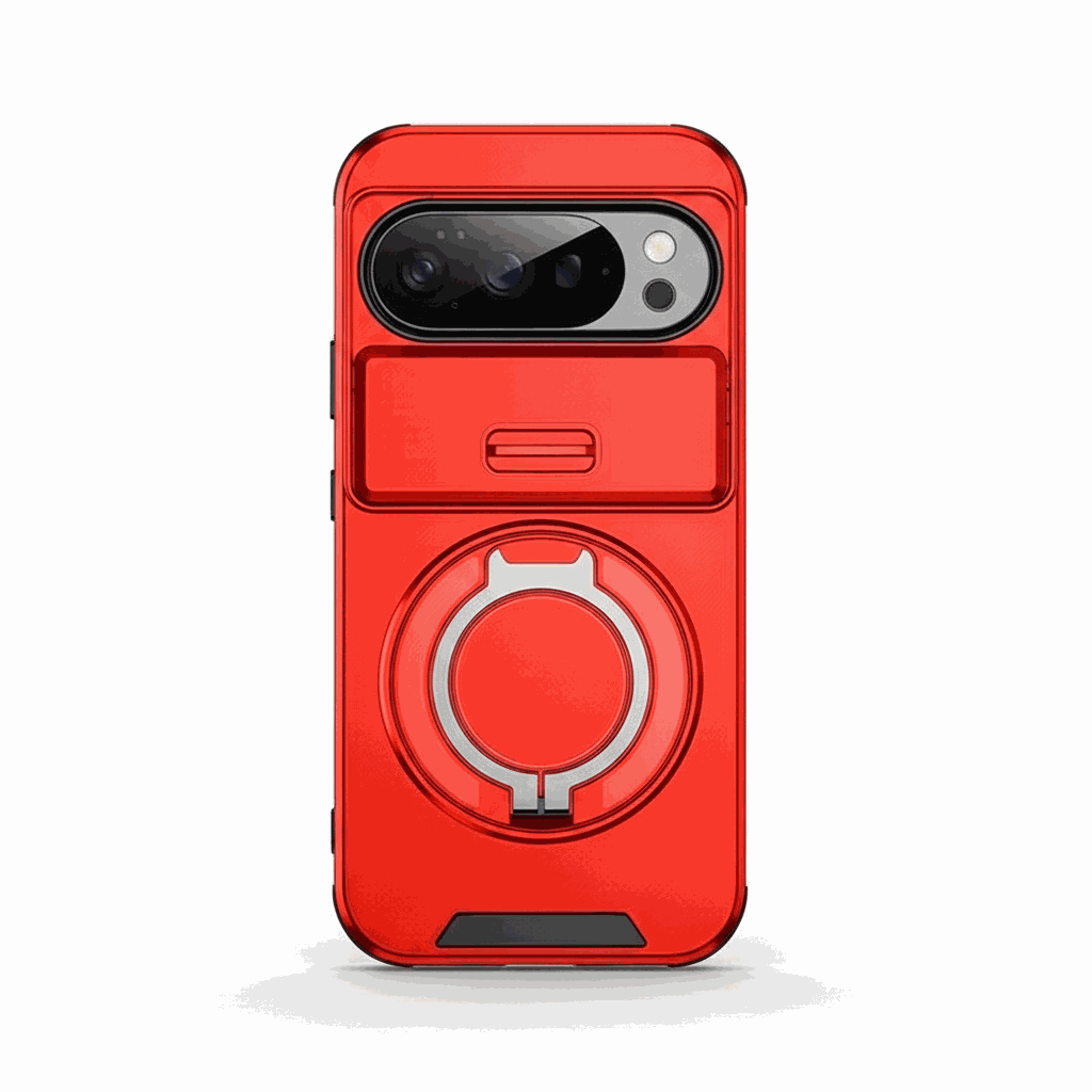 Google Pixel - Armor Case in bright red with a rugged smooth shell, raised camera surround, fold-out stand and circular grip