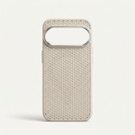 Google Pixel phone case in pale beige with a textured perforated mesh back and a wide raised camera cutout