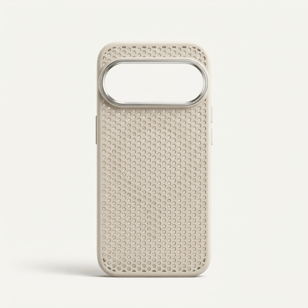 Google Pixel phone case in pale beige with a textured perforated mesh back and a wide raised camera cutout