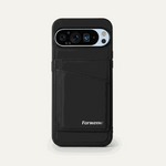 Google Pixel wallet case in black leather-look material, with stitched card pockets and a slim protective frame