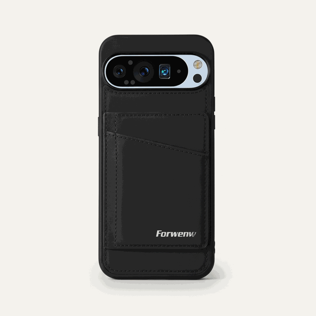 Google Pixel wallet case in black leather-look material, with stitched card pockets and a slim protective frame