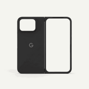 Google Pixel flip phone case in black matte material, with a central G logo and large raised camera cutout
