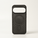 Google Pixel phone case in black with a perforated mesh pattern, raised camera opening and circular magnetic ring