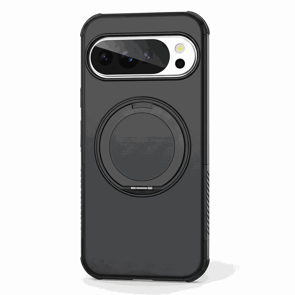 Google Pixel phone case in black with a matte textured bumper and integrated circular rotating ring stand