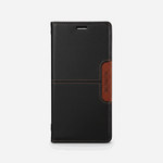Google Pixel flip wallet case in black textured leather-look material with brown stitching and a magnetic side tab