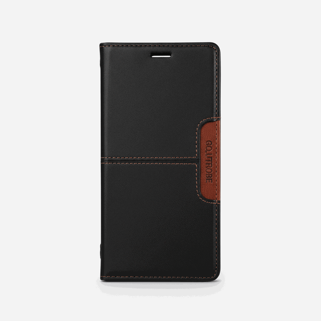 Google Pixel flip wallet case in black textured leather-look material with brown stitching and a magnetic side tab