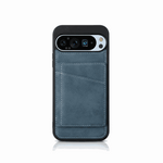 Google Pixel leather-look wallet case in blue gray with stitched texture, rear card pocket and protective black edges