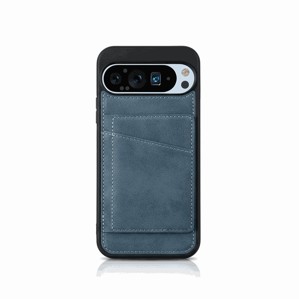Google Pixel leather-look wallet case in blue gray with stitched texture, rear card pocket and protective black edges