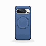 Google Pixel phone case in blue with a matte textured finish, reinforced black bumper edges and a circular magnetic ring stand