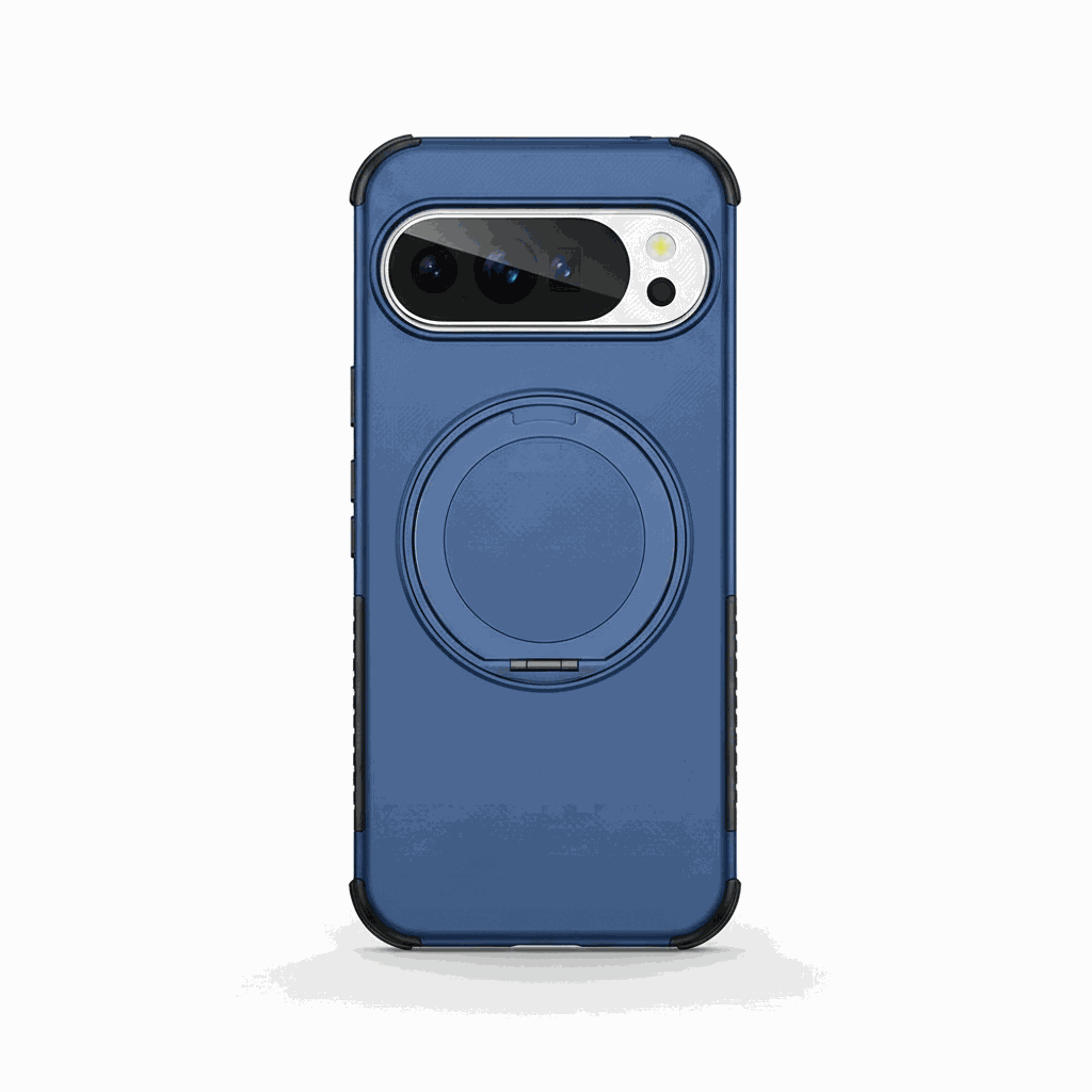 Google Pixel phone case in blue with a matte textured finish, reinforced black bumper edges and a circular magnetic ring stand