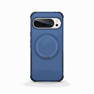 Google Pixel phone case in blue with a matte textured finish, reinforced black bumper edges and a circular magnetic ring stand