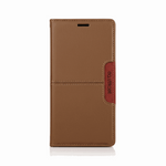 Google Pixel brown leather-look flip wallet case with stitched edges and a red side tab bearing embossed lettering