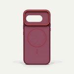 Google Pixel case in burgundy frosted matte material with a circular magnetic ring and raised camera bumper