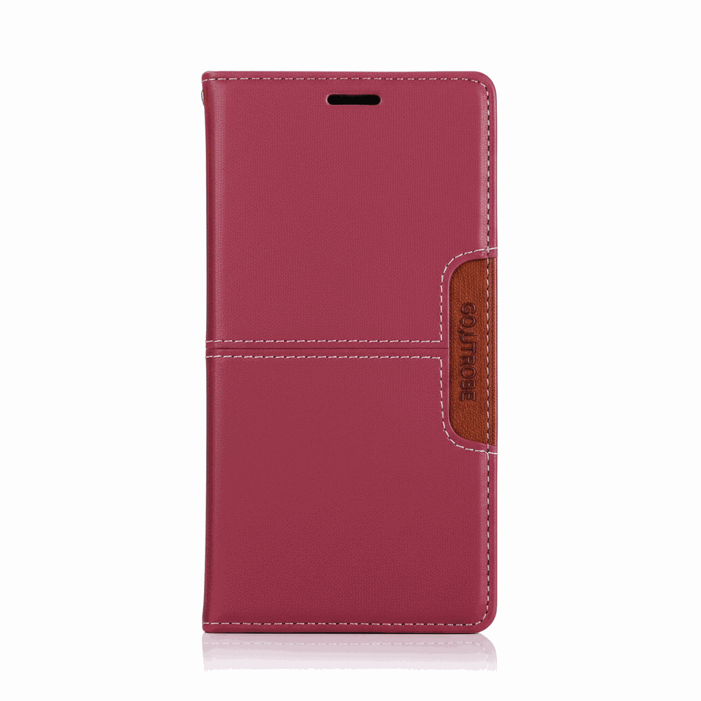 Google Pixel flip wallet case in burgundy textured leather-look material with white stitching and a brown side clasp