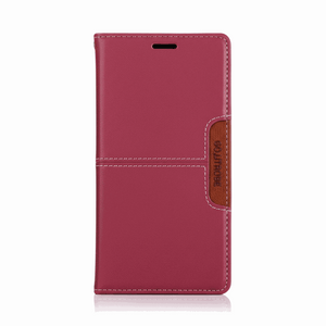 Google Pixel flip wallet case in burgundy textured leather-look material with white stitching and a brown side clasp