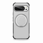 Google Pixel phone case in clear grey with black reinforced corners and a large circular rotating ring stand