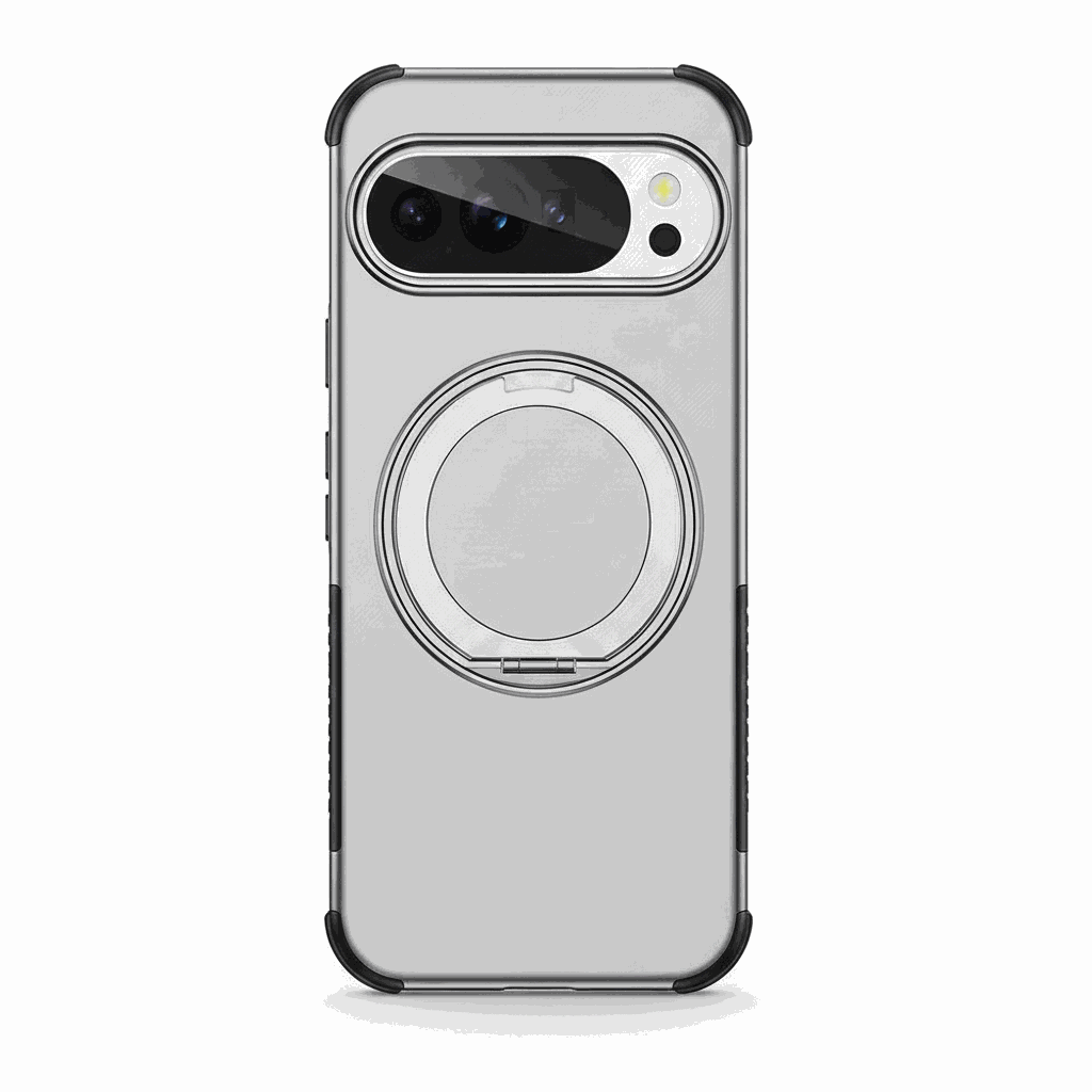 Google Pixel phone case in clear grey with black reinforced corners and a large circular rotating ring stand