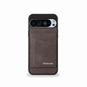 Google Pixel wallet case in dark brown leather-look material with stitched finish and a rear card pocket
