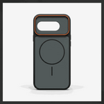 Google Pixel phone case in dark grey with a matte finish, black edges, orange camera trim and circular magnetic ring