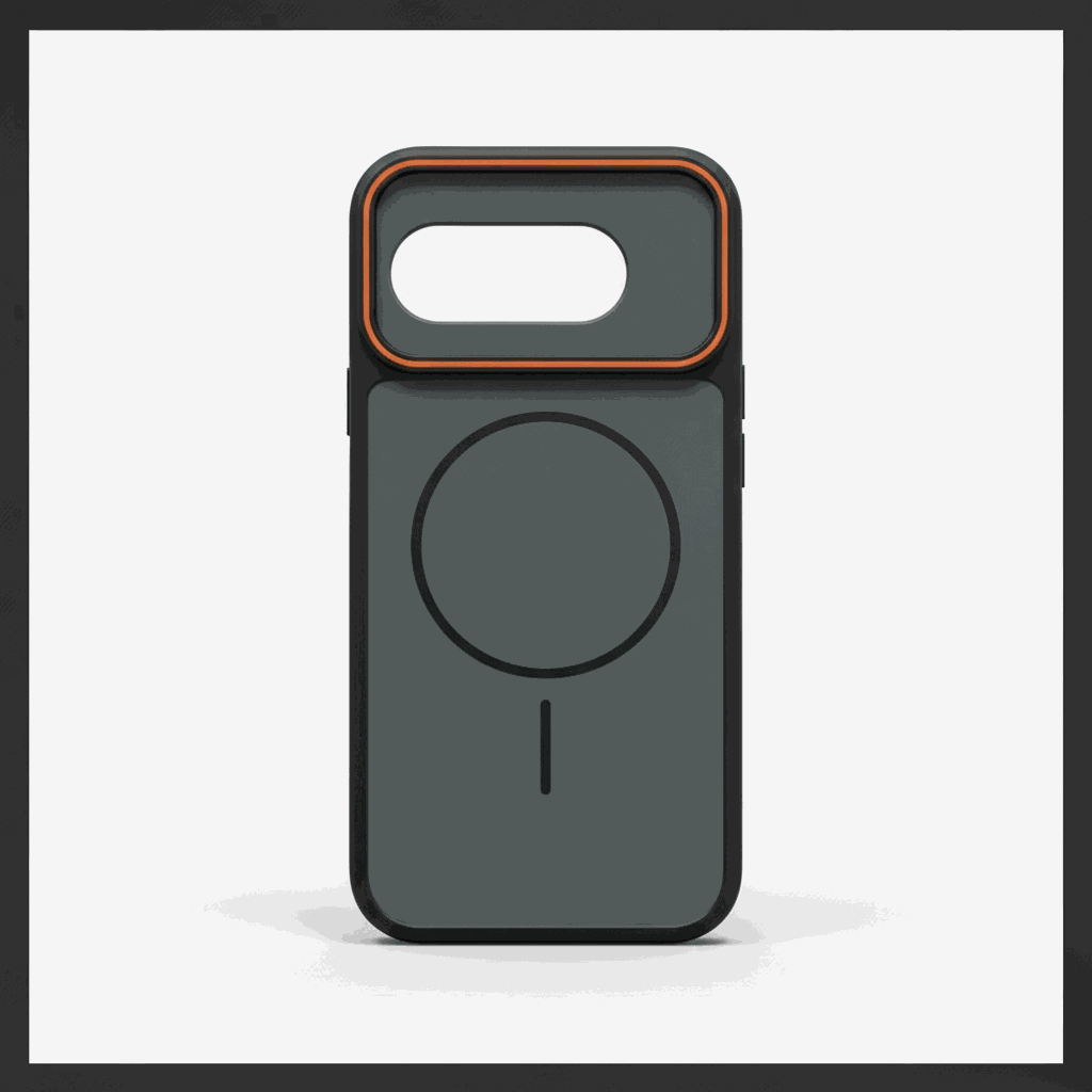 Google Pixel phone case in dark grey with a matte finish, black edges, orange camera trim and circular magnetic ring