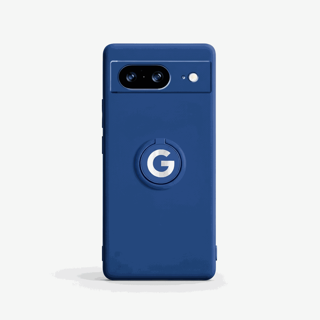 Google Pixel - Durable Liquid silicone phone case in dark blue with a raised circular Google G logo and precise camera cutout