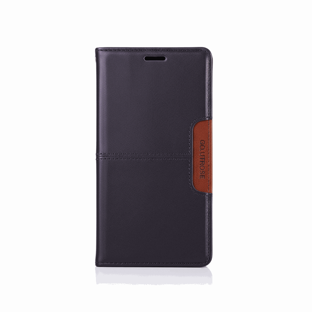 Google Pixel flip wallet case in textured dark purple material with stitched edges and a brown branded side tab