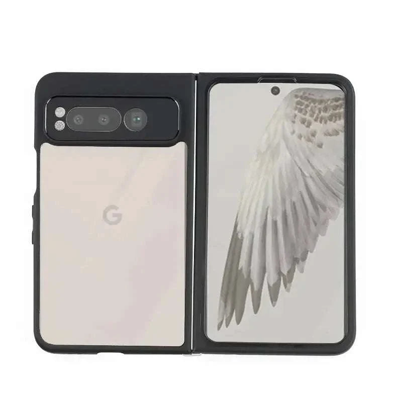 Google Pixel Fold case in black with a slim protective frame, raised camera surround and open folding design