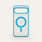 Google Pixel - Frosted Clear Magnetic MagSafe case with a translucent matte back, bright blue edges, and circular ring
