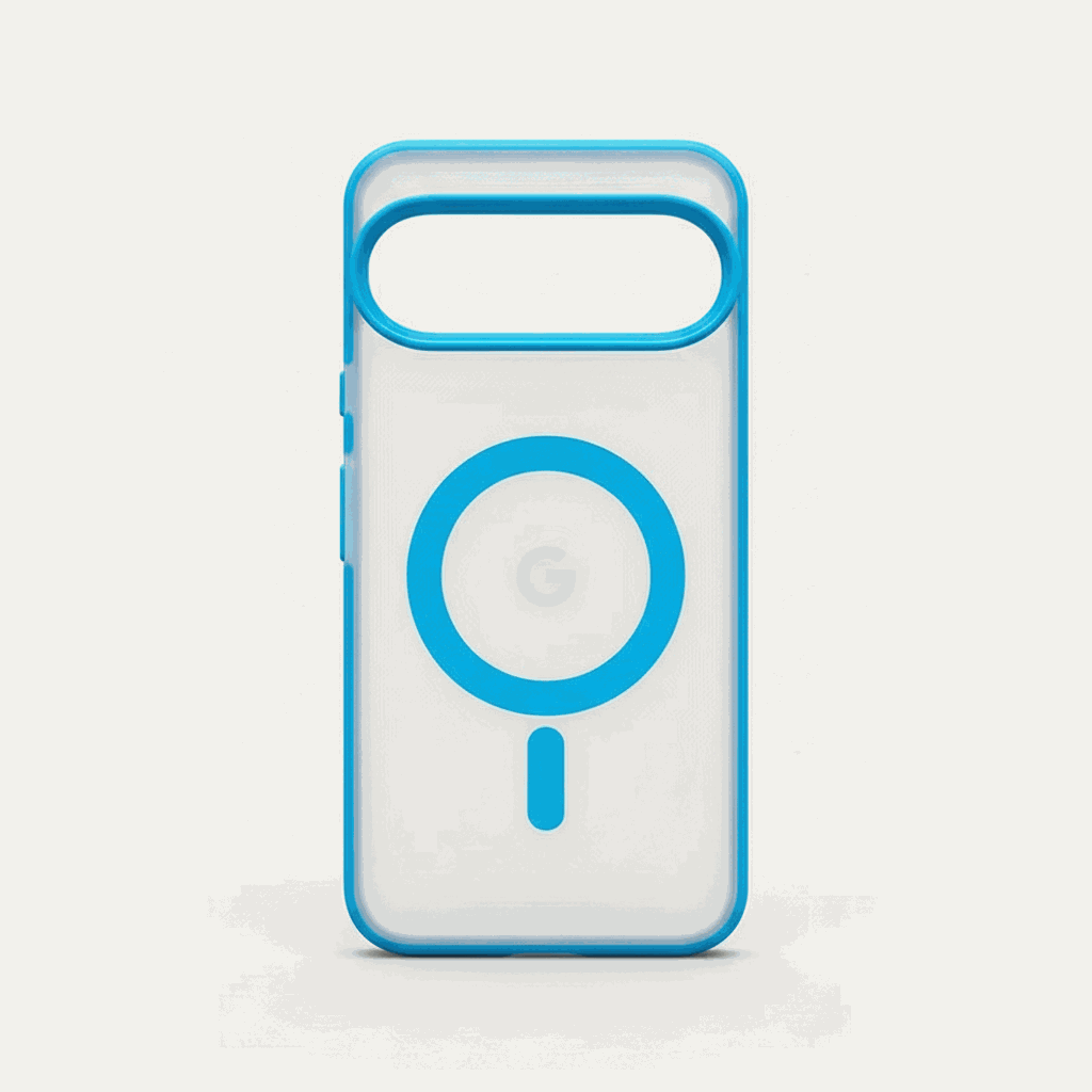 Google Pixel - Frosted Clear Magnetic MagSafe case with a translucent matte back, bright blue edges, and circular ring