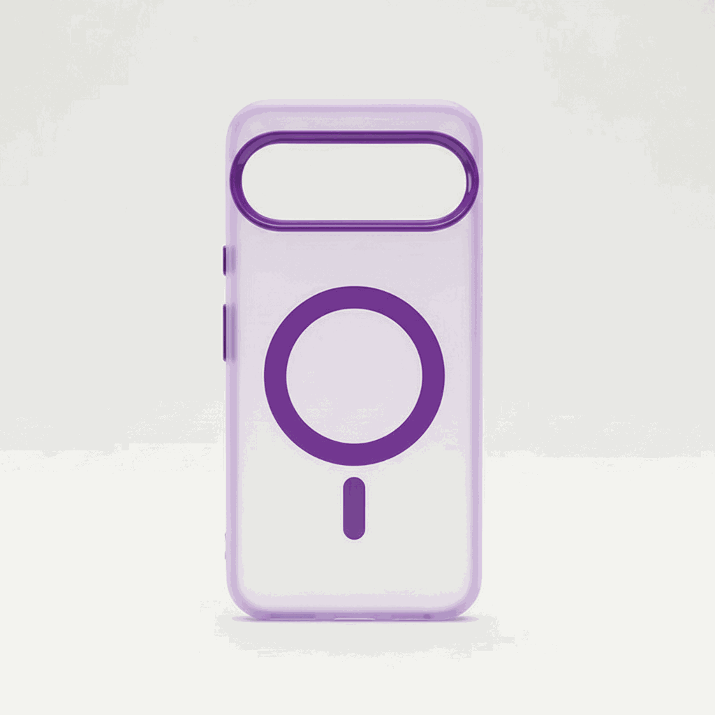 Google Pixel - Frosted Clear Magnetic MagSafe case, translucent matte lavender with purple magnetic ring and raised camera cutout