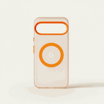Google Pixel - Frosted Clear Magnetic MagSafe case in translucent matte material with orange camera surround and magnetic ring