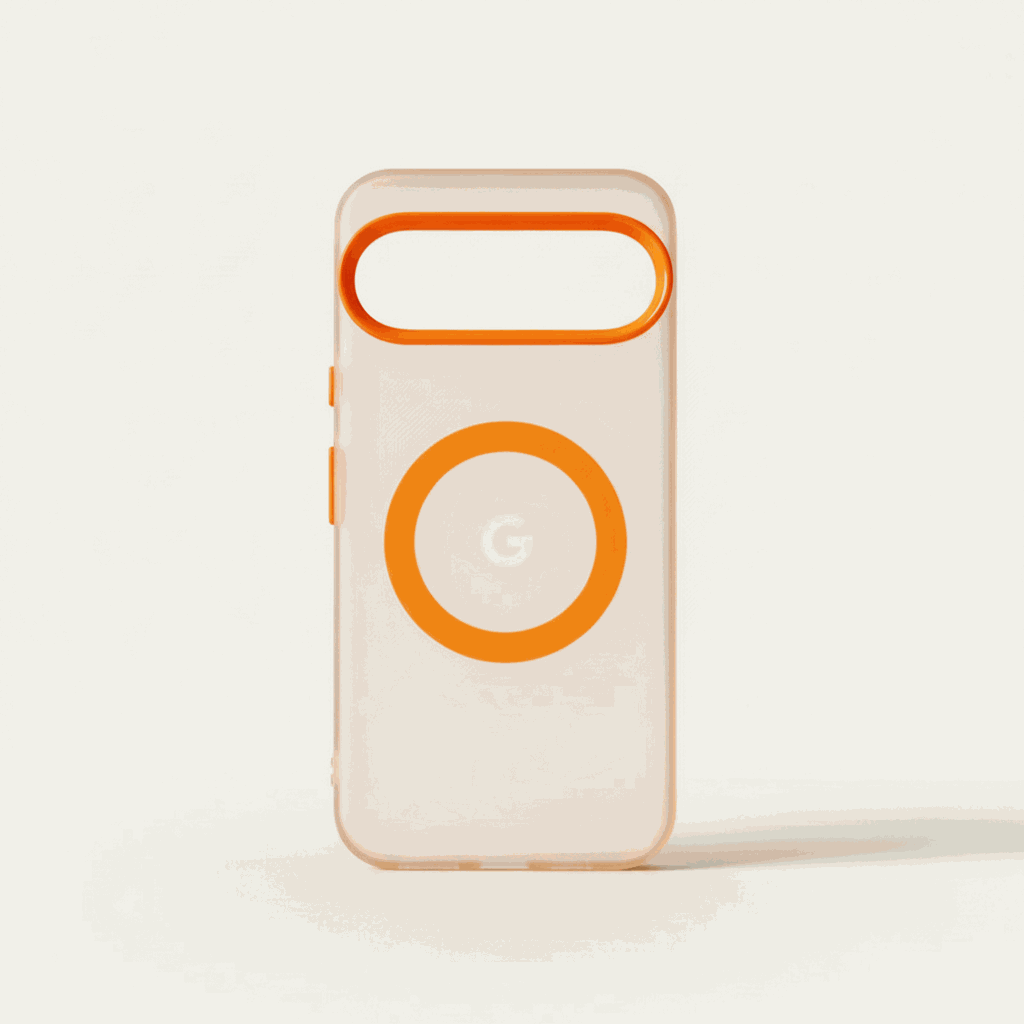 Google Pixel - Frosted Clear Magnetic MagSafe case in translucent matte material with orange camera surround and magnetic ring