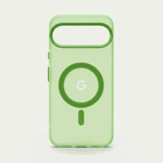 Google Pixel - Frosted Clear Magnetic MagSafe phone case in translucent pale green with a dark green magnetic ring and camera cutout
