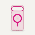 Google Pixel - Frosted Clear Magnetic MagSafe phone case in translucent pink with a vivid pink magnetic ring and camera surround