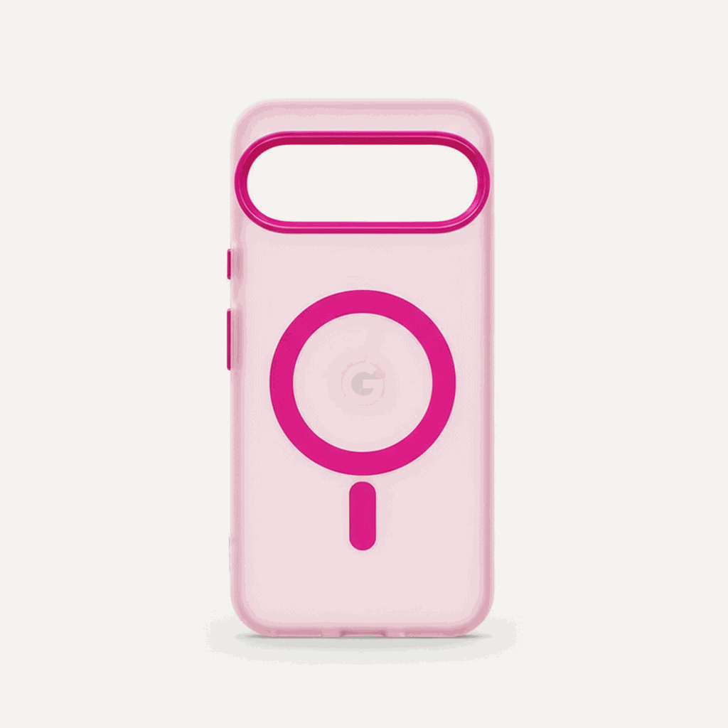 Google Pixel - Frosted Clear Magnetic MagSafe phone case in translucent pink with a vivid pink magnetic ring and camera surround