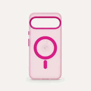 Google Pixel - Frosted Clear Magnetic MagSafe phone case in translucent pink with a vivid pink magnetic ring and camera surround
