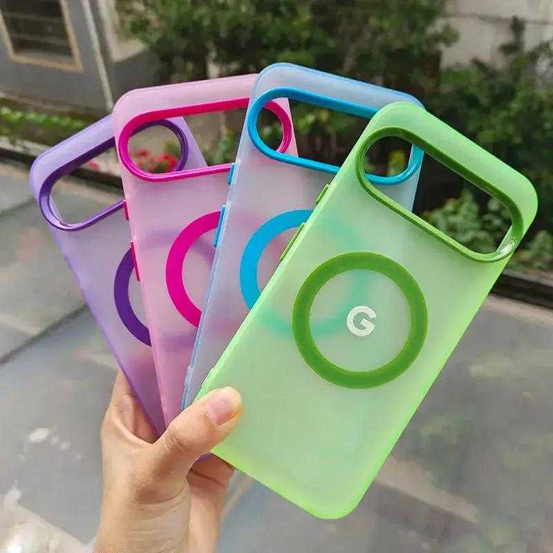 Google Pixel - Frosted Clear Magnetic MagSafe case in translucent purple, pink, blue and green with circular magnetic rings
