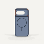 Google Pixel case in slate blue with a frosted matte back, dark bumper edges, orange trim and a magnetic ring