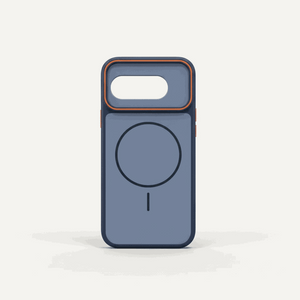 Google Pixel case in slate blue with a frosted matte back, dark bumper edges, orange trim and a magnetic ring