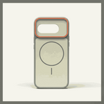 Google Pixel phone case in frosted pale sage with a dark magnetic ring and orange-edged raised camera bumper