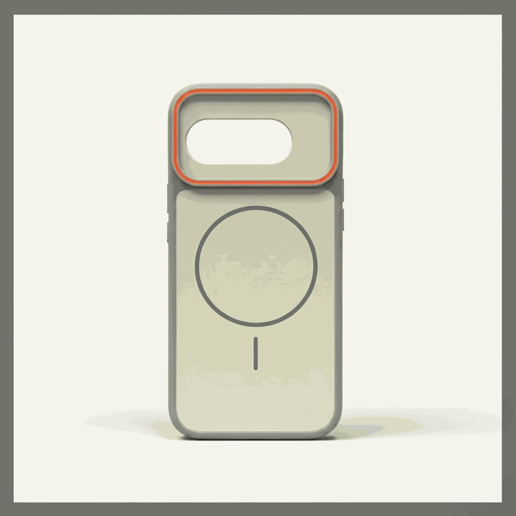 Google Pixel phone case in frosted pale sage with a dark magnetic ring and orange-edged raised camera bumper
