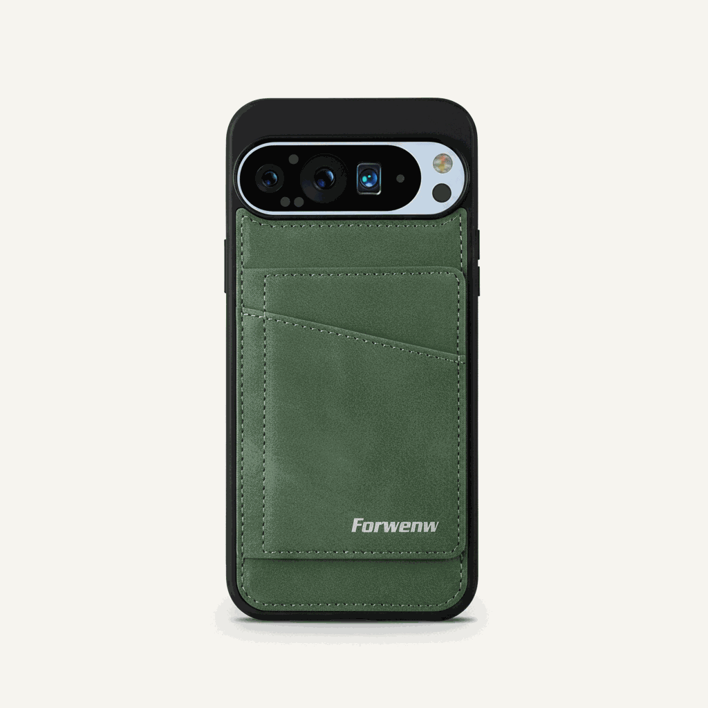 Google Pixel wallet case in green leather-look material, with stitched rear card pocket and slim protective black edges