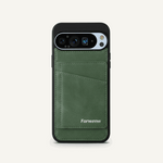Google Pixel wallet case in green leather-look material, with stitched rear card pocket and slim protective black edges